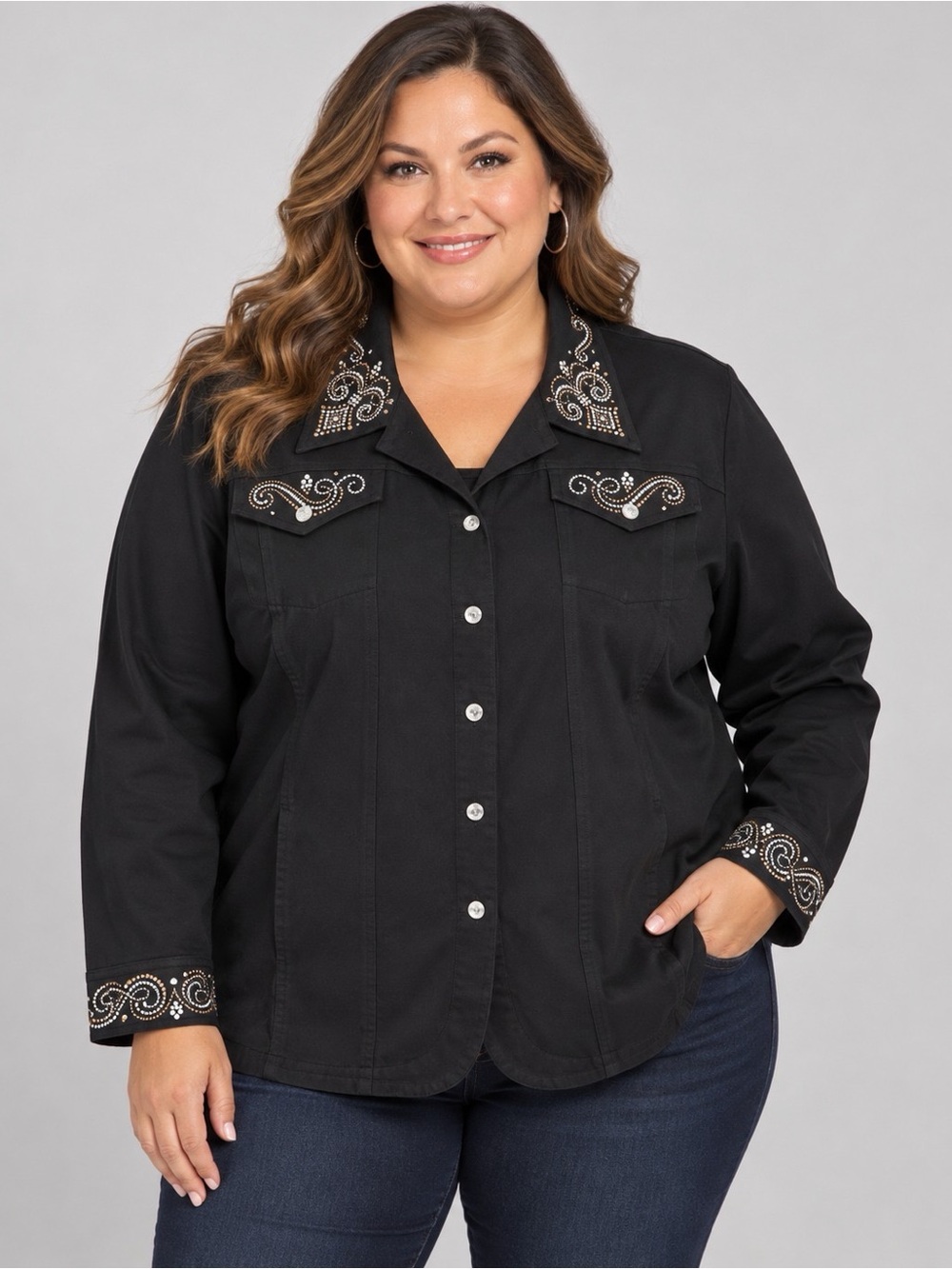 Plus-Size Black Embellished Jean Jacket with Decorative Collar